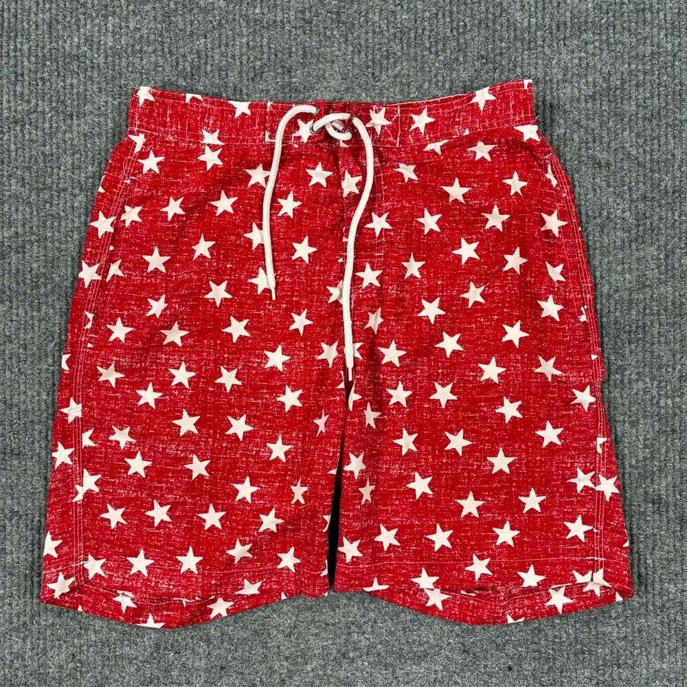 Trunks Surf & Swim Co Red White Star Print Swim Trunks Mens Medium Patriotic USA